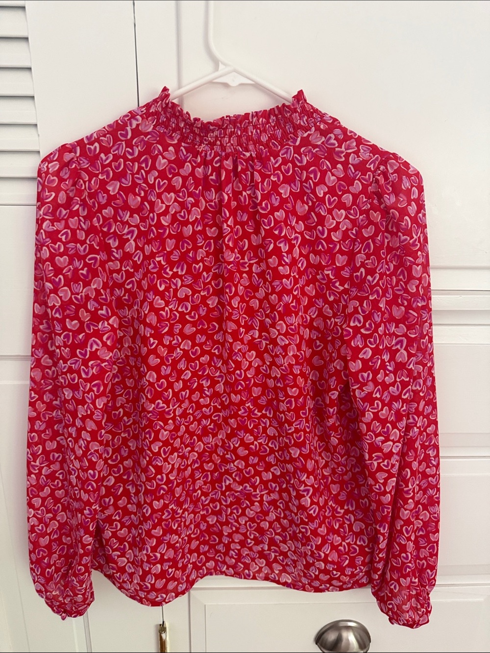 J. Crew Red-Pink Heart Print Ruffled Collar Blouse - Picture 2 of 4